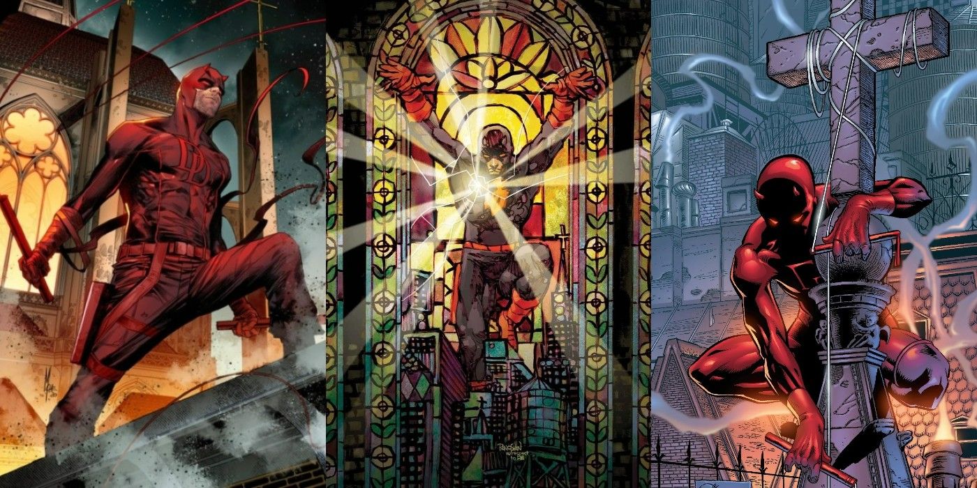 A split image of Daredevil on a church, in stained glass, and with a cross in Marvel Comics