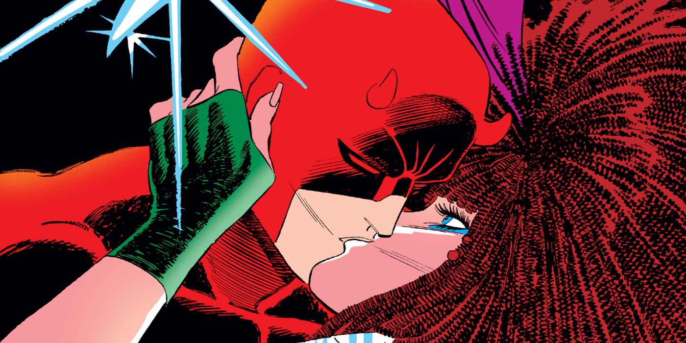Daredevil kissing Typhoid Mary from Marvel Comics