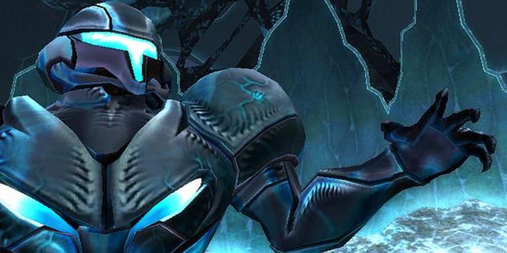 Dark Samus dá sinais de mão em Metroid Prime 3: Corruption