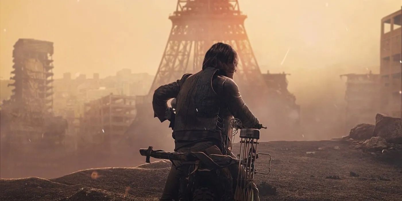 Daryl Dixon in front of the Eiffel tower in Paris in the Walking Dead spinoff.