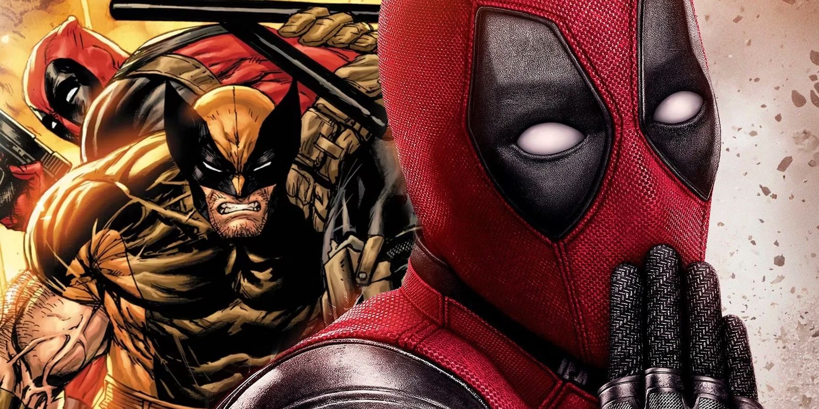 Imagem dividida: Wolverine carrega Deadpool na Marvel Comics;  Pôster do filme Deadpool