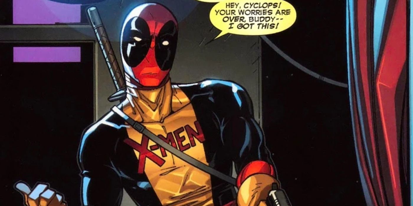 Deadpool vestindo um traje personalizado dos X-men enquanto prende um vilão em nome do Ciclope