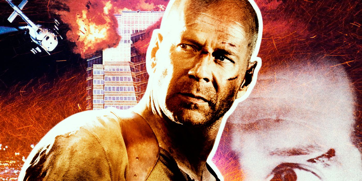 John McClane from Die Hard with images of Predator in the background 