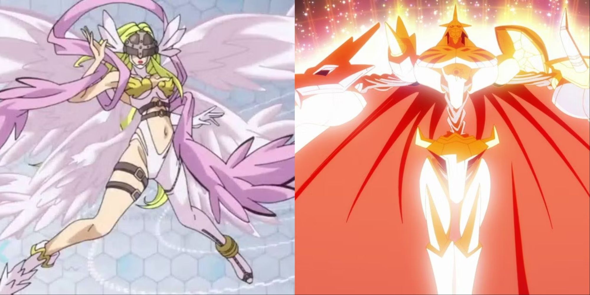 A split image of Angewoman and Omnimon in Digimon anime franchise