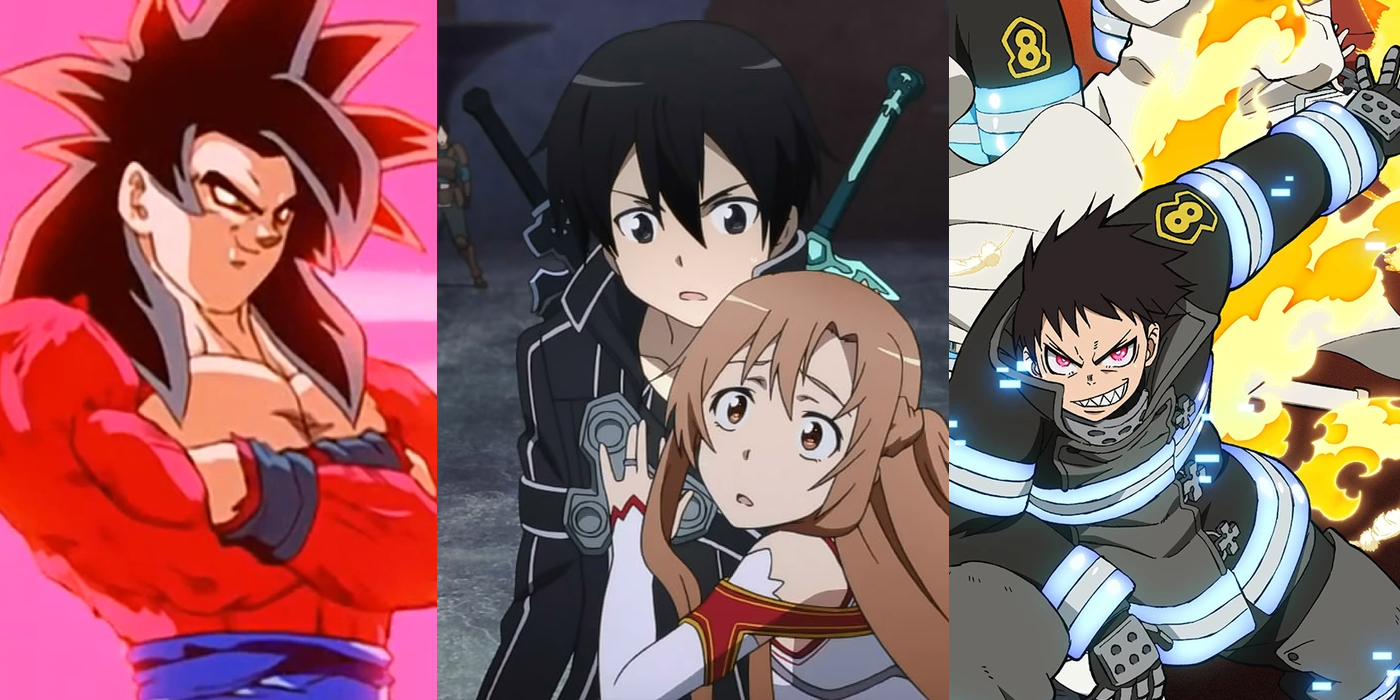 Dragon Ball, Kirito and Asuna from Sword Art Online, and Fire Force split image.