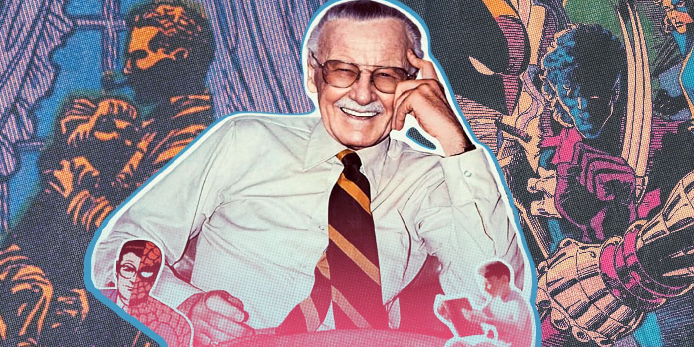 Stan Lee seen smiling with comic characters in the background.