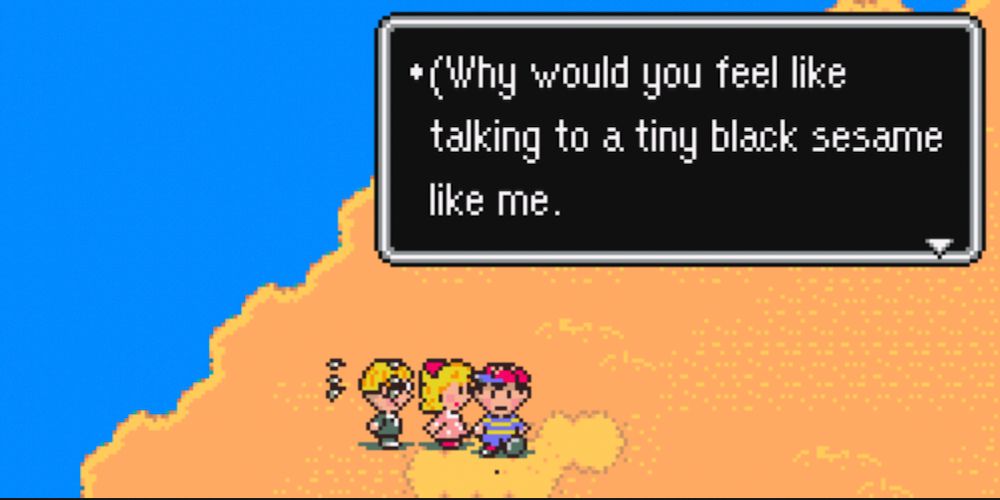 Ness e companhia encontram Black Sesame Seed no deserto em EarthBound