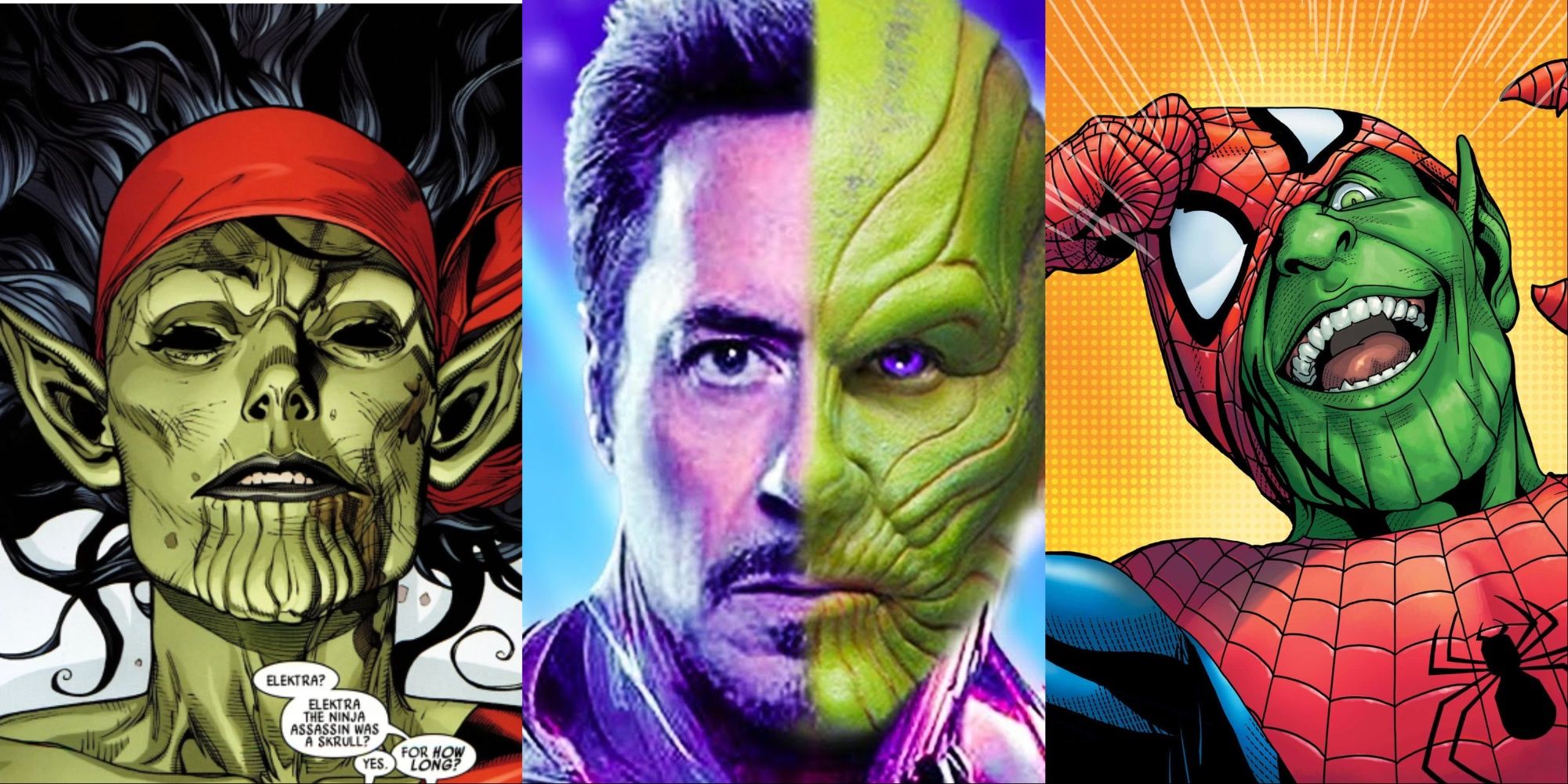 A split image of Electra and Spider-Man Skrulls from Marvel Comics and RDJ as an MCU Skrull