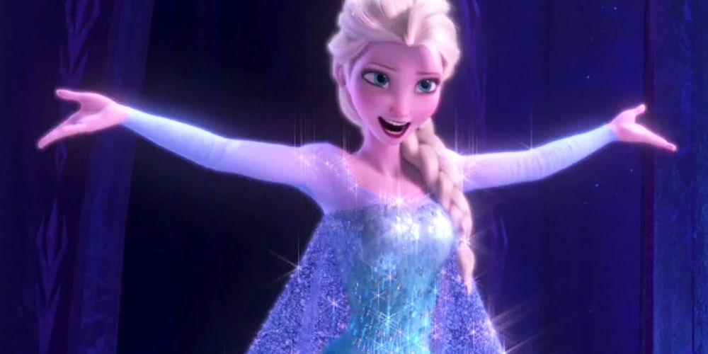 Elsa has her hands up singing Let It Go in Frozen