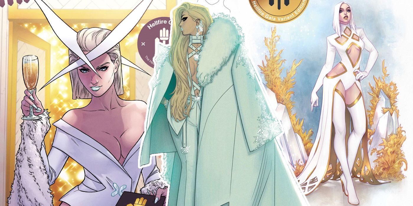 A collage of Emma Frost's Hellfire Gala looks over the years
