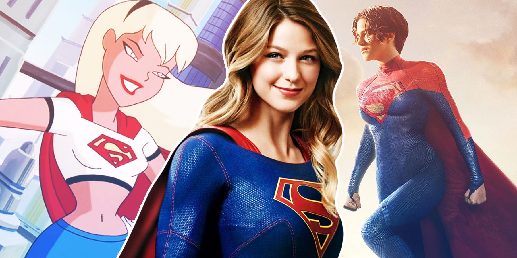 Supergirl as voice by Nicholle Tom in 1998's Superman: The Animated Series, Melissa Benoist as Supergirl in 2015 television series Supergirl, and Sasha Calle as Supergirl in 2023's movie The Flash