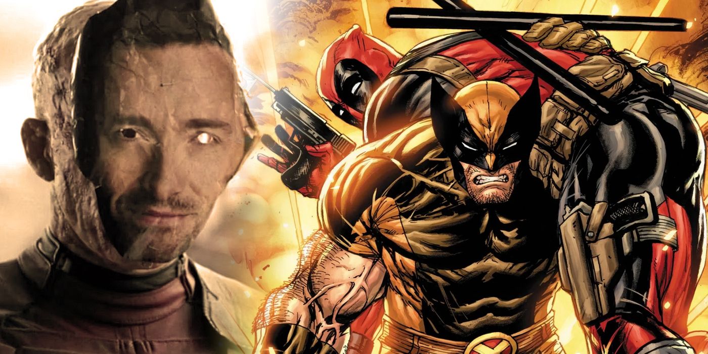 Imagem dividida de Ryan Reynolds usando uma foto do rosto de Hugh Jackman do Deadpool de 2016 com Wolverine carregando Deadpool da Marvel Comics