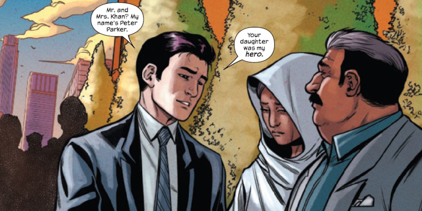 Peter Parker abordando os pais de Kamala Khan e dizendo que ela era sua heroína