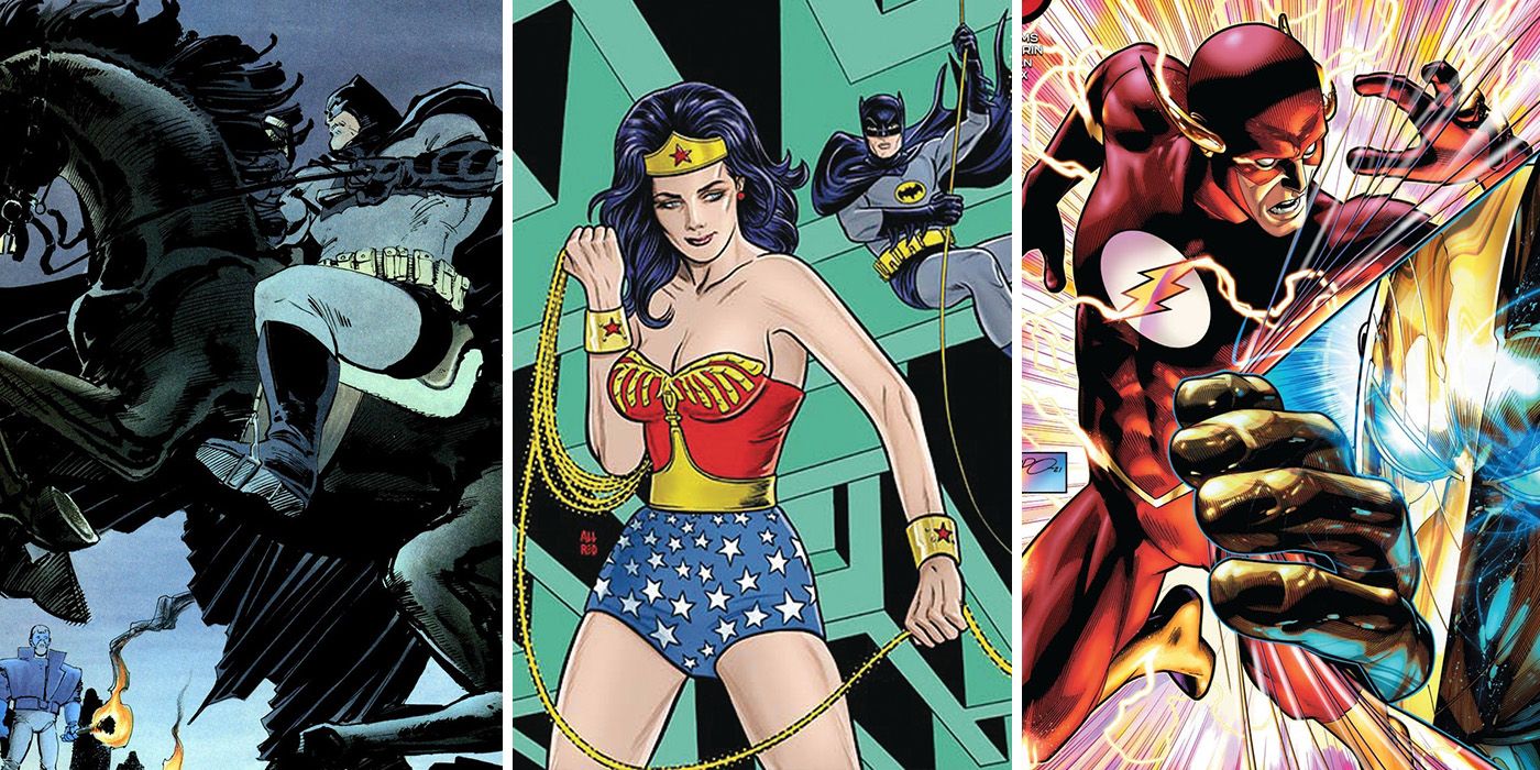 split image: Batman rides a horse in DKR, Batman 66 meets Wonder Woman 77, and Wally West runs as Flash