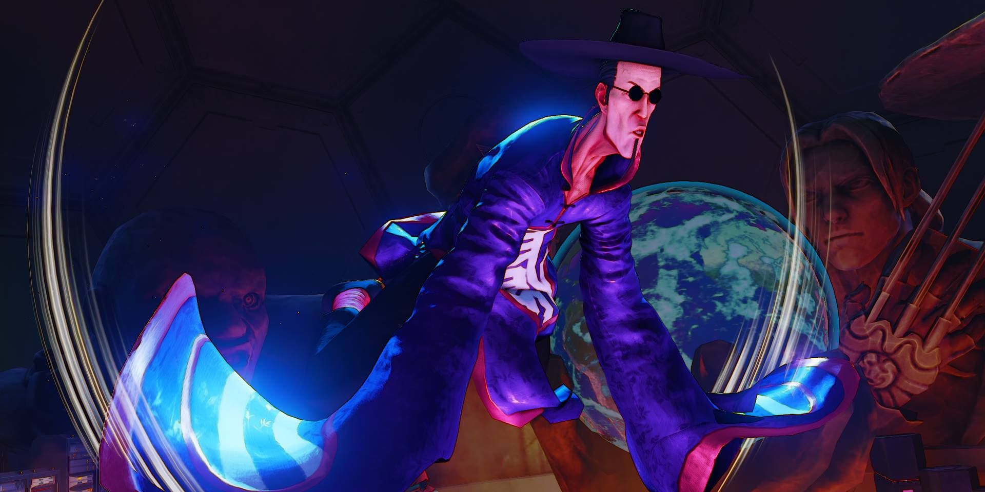 FANG voando no ar para sua Critical Art em Street Fighter V