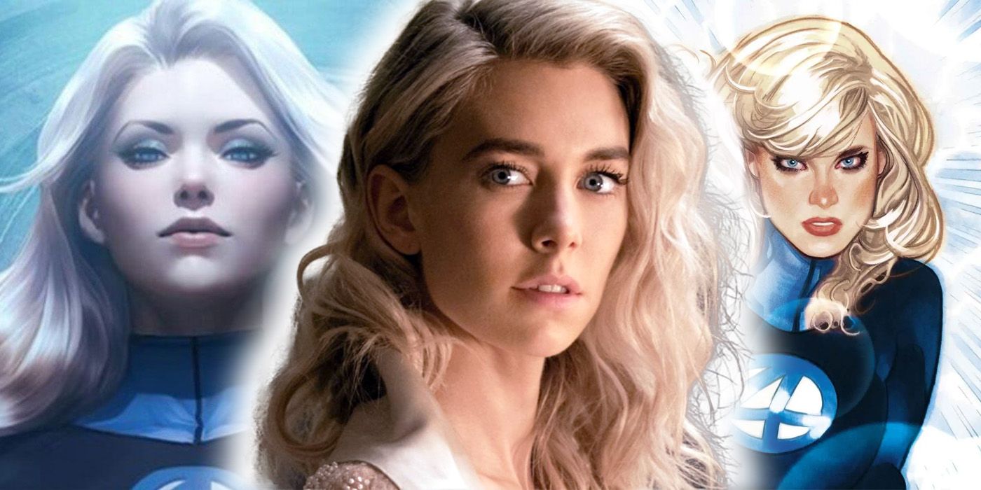 Vanessa Kirby inbetween two images of Sue Storm/Invisible Woman of the Fantastic Four.