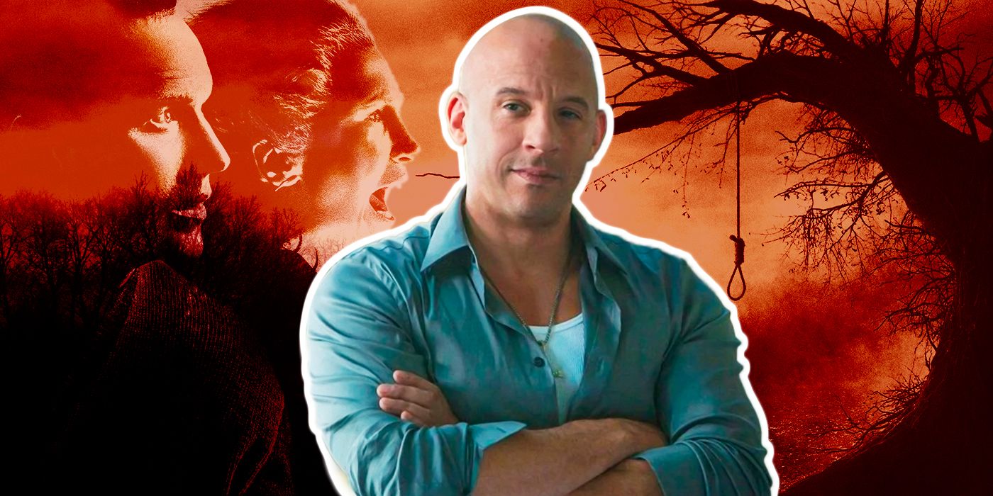Vin Diesel's Dominic Toretto in front of images from The Conjuring Universe.