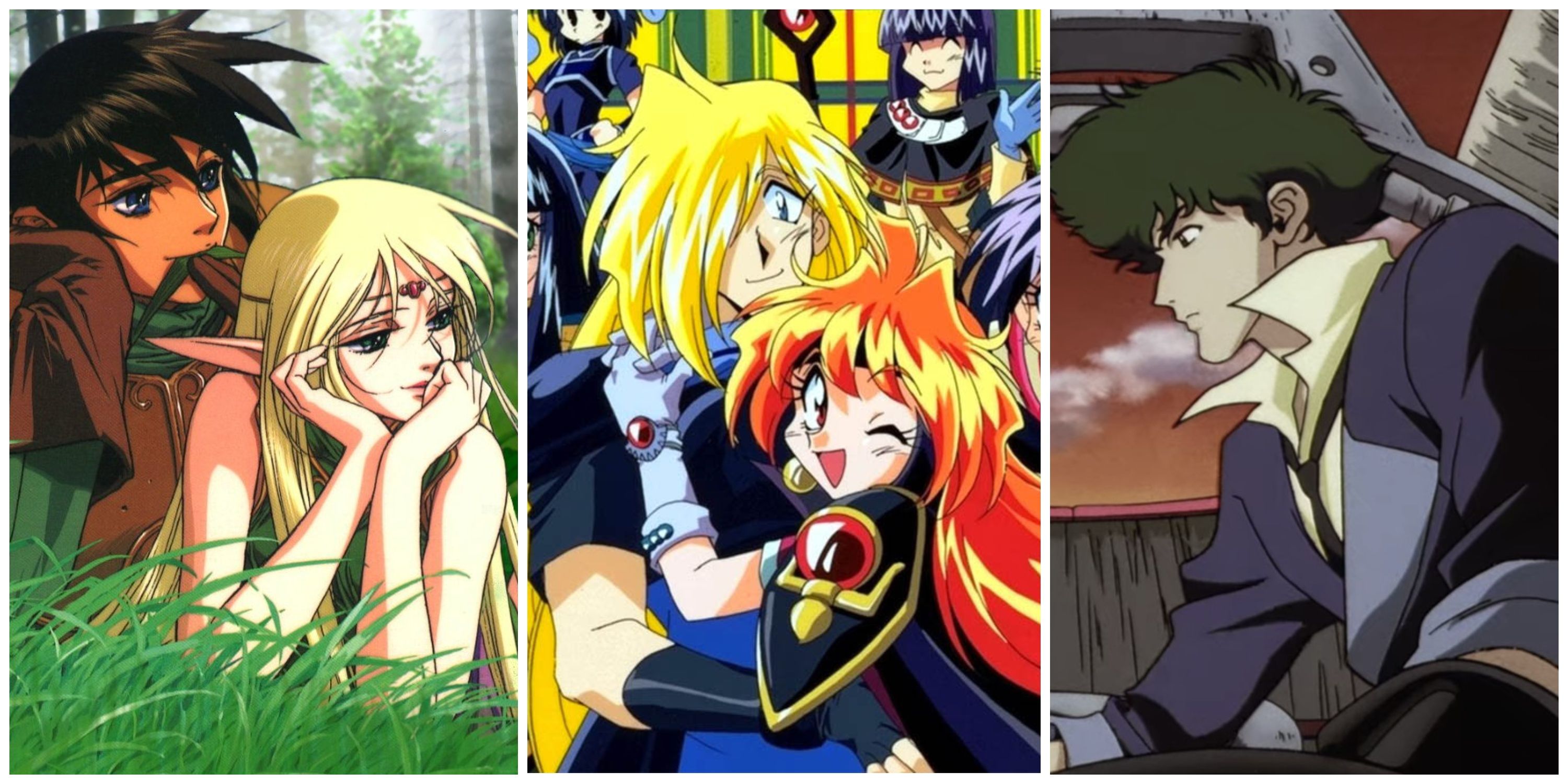 Split image, Deedlit and Parn from The Record of Lodoss War, Lina Inverse and Gourry from Slayers, and Spike from Cowboy Bebop