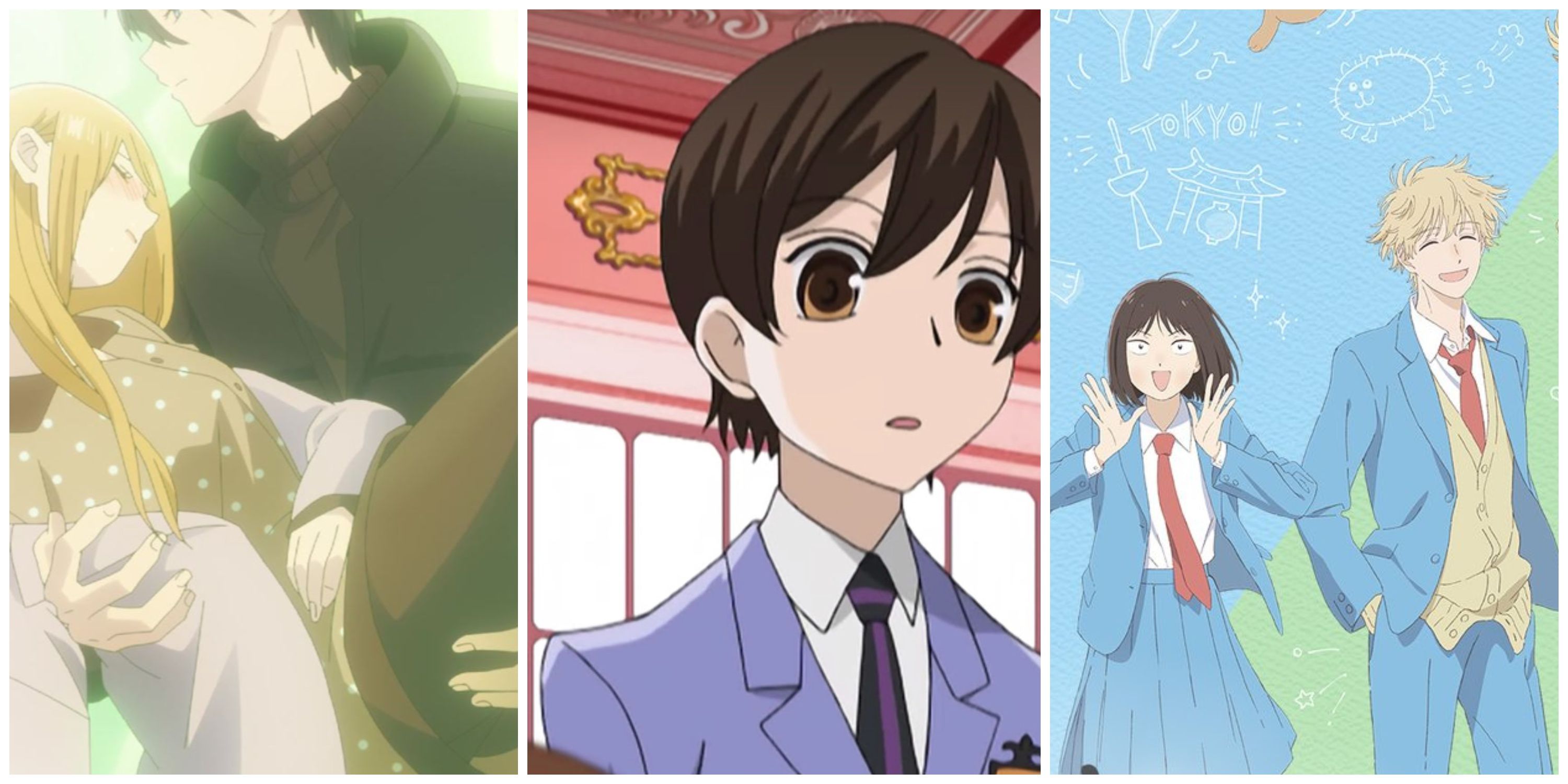 Yamada holding Akane in Loving Yamada kun at Lv999, Haruhi in Ouran High School Host Club, Mitsumi and Shima from Skip and Loafer.