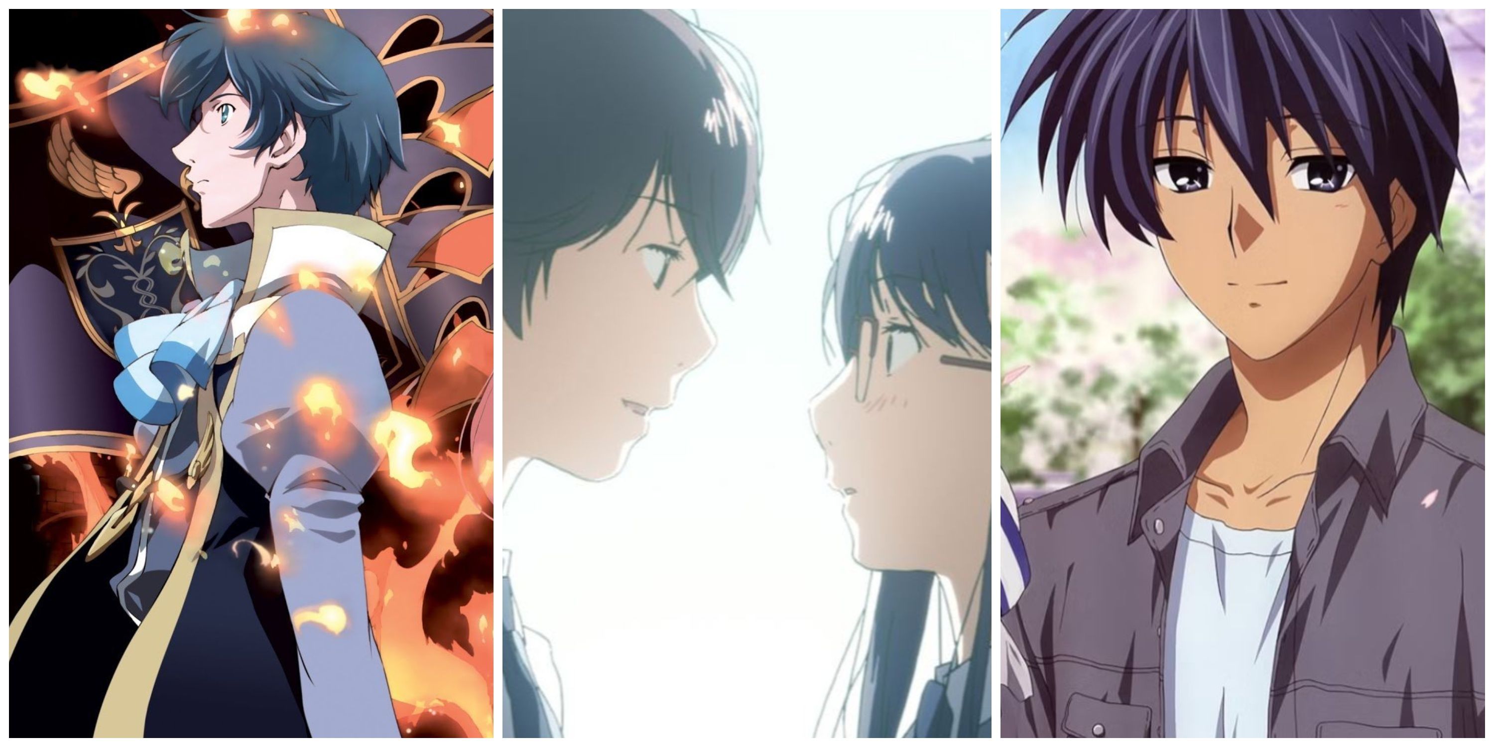 Split image, Romeo from Romeo x Juliet, Fumi and Akira from Sweet Blue Flowers, and Tomoya from Clannad.