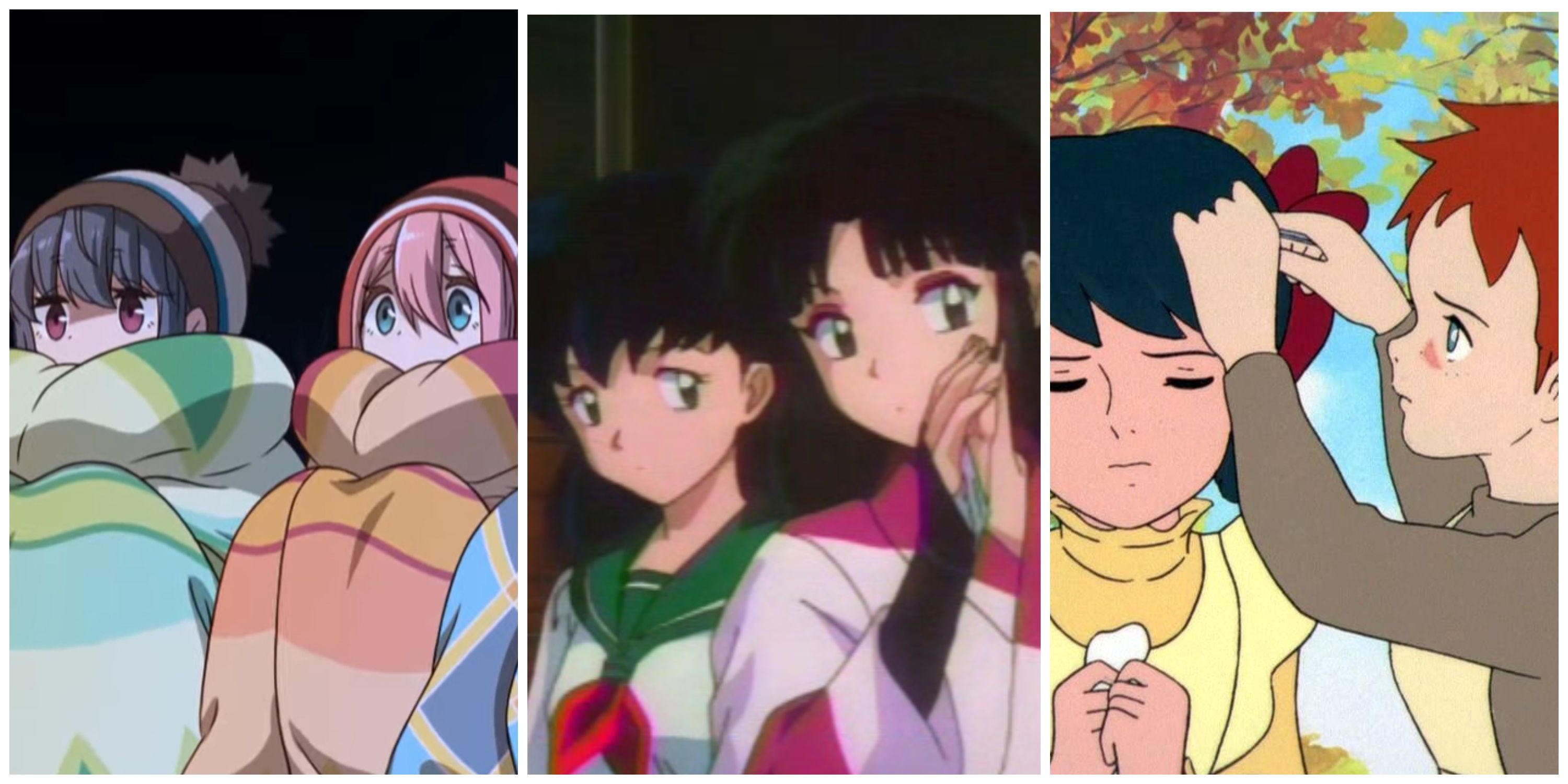 Split image, Rin and Nadeshiko camping with their club in Laid-Back Camp, Sango whispering to Kagome in InuYasha, Anne fixing Diana's hair in Anne of Green Gables.