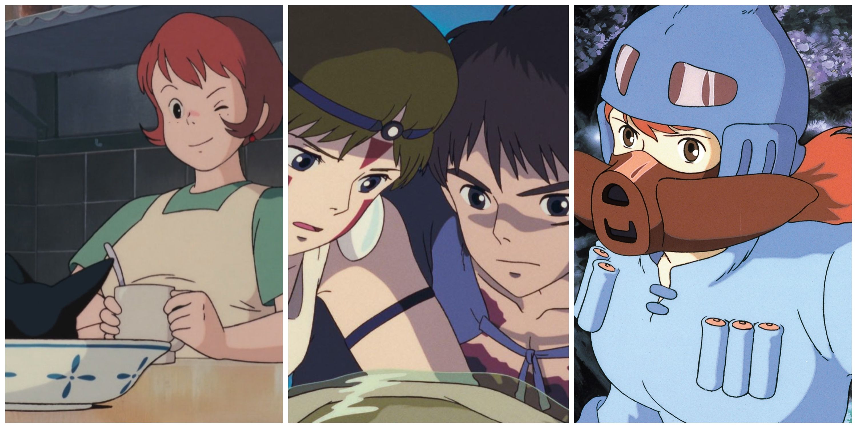 Split image, Osono winking at Jiji in Kiki's Delivery Service, San and Ashitaka looking at the head of the Forest God in Princess Mononoke, Nausicaa wearing flight gear in Nausicaa of the Valley of the Wind
