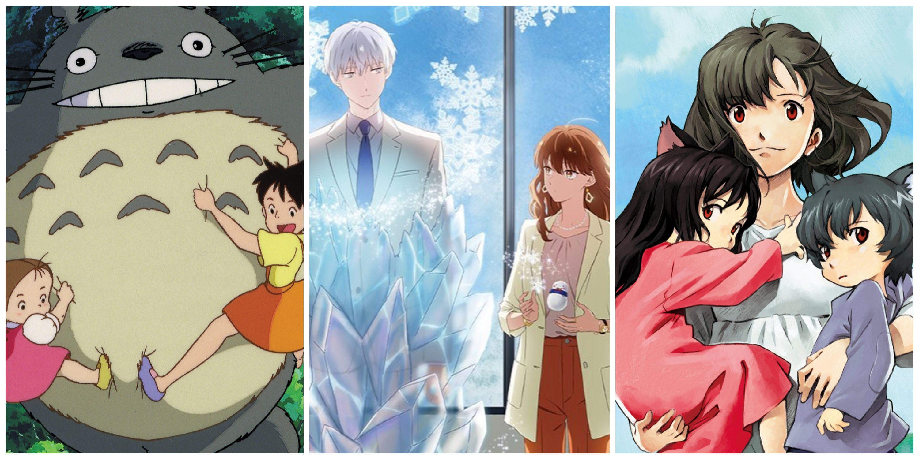 Split image, Totoro holding Satsuki and Mei, Himuro and Fuyutsuki from Ice Guy and His Cool Female Colleague, Hana holding her children Yuki and Ame