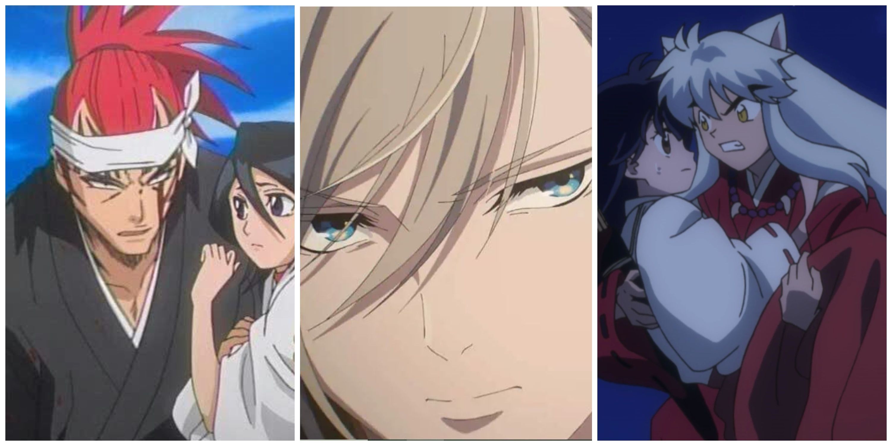 Split image, Renji holding Rukia in Bleach, Kiyoka in My Happy Marriage, Inuyasha holding Kagome in InuYasha.