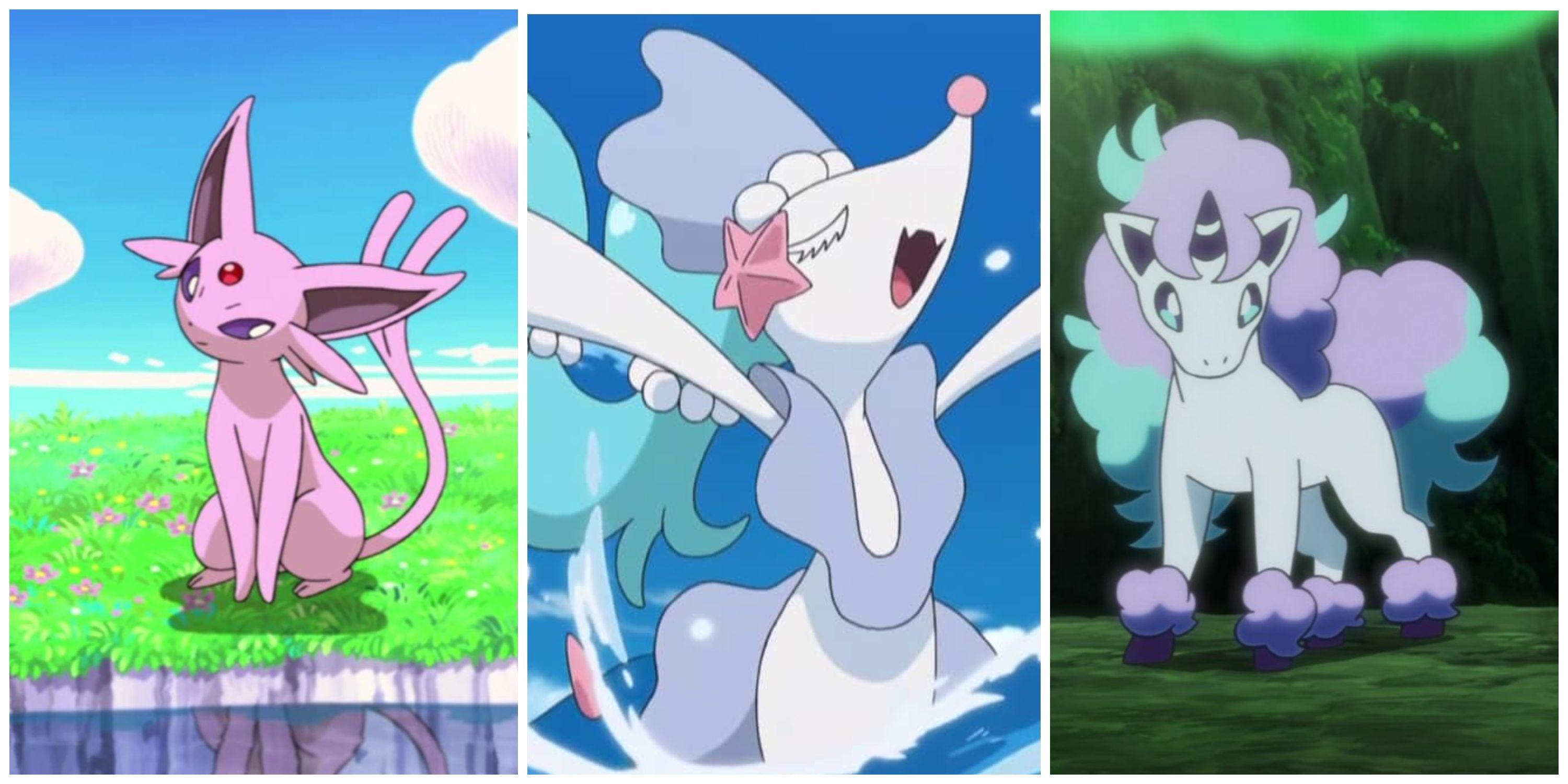 Split image, Espeon sitting on a field of flowers, Primarina swinning in the waves, and a Galaraian Ponyta in Pokemon