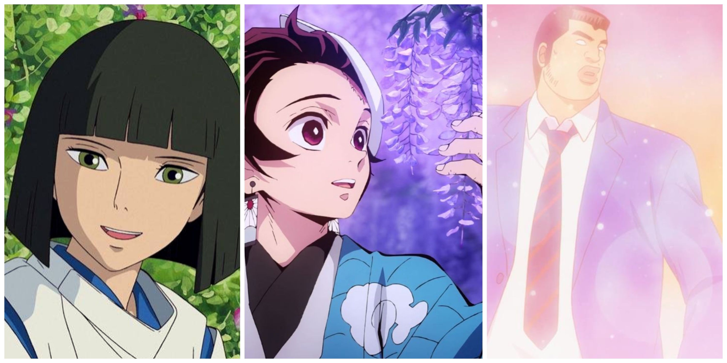 Split image: Hoku smiling from Spirited Away, Tanjiro looking at the wisteria flowers in Demon Slayer, Takeo in My Love Story!!