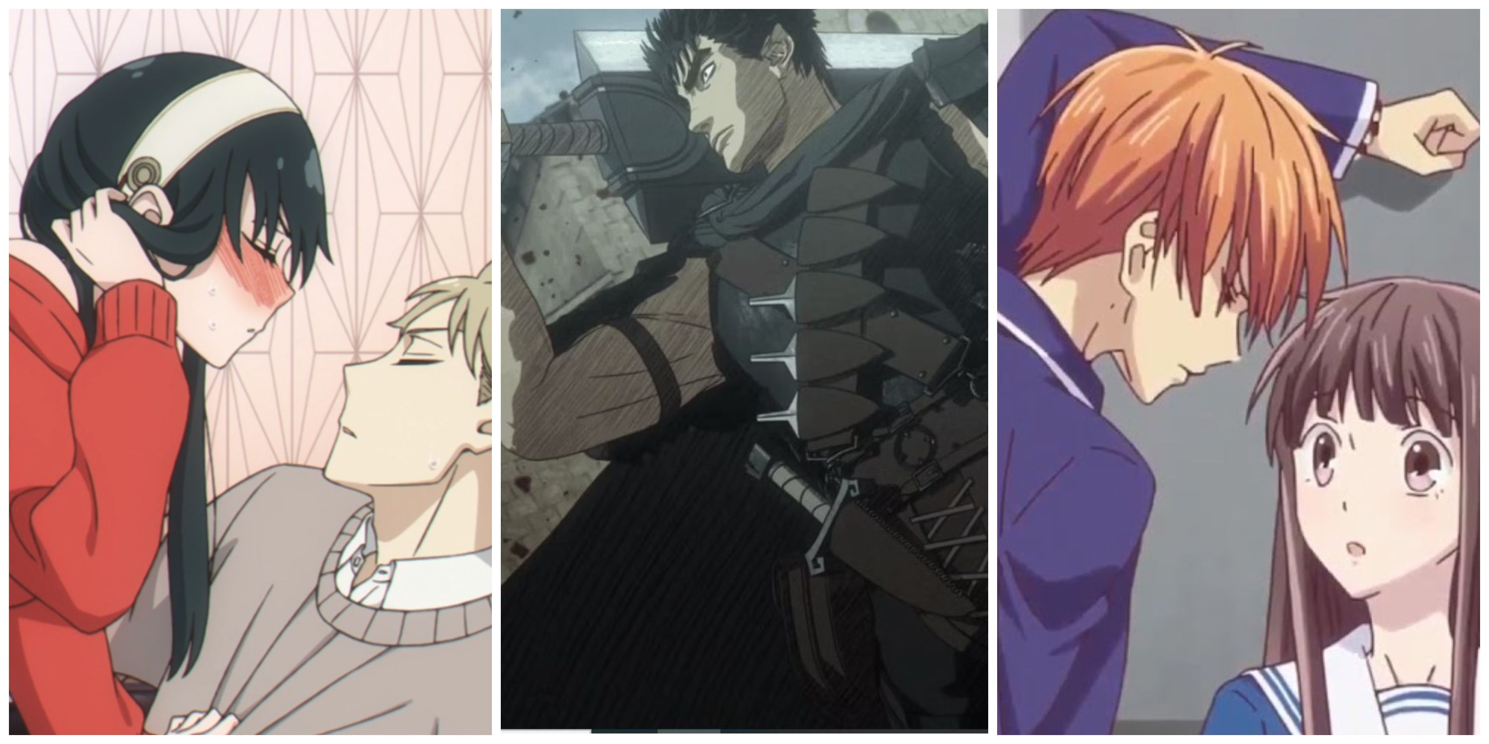Split image, Loid and Yor almost kissing in Spy x Family, Guts holding Dragon Slayer in Berserk, Kyo protecting Tohru in Fruits Basket.
