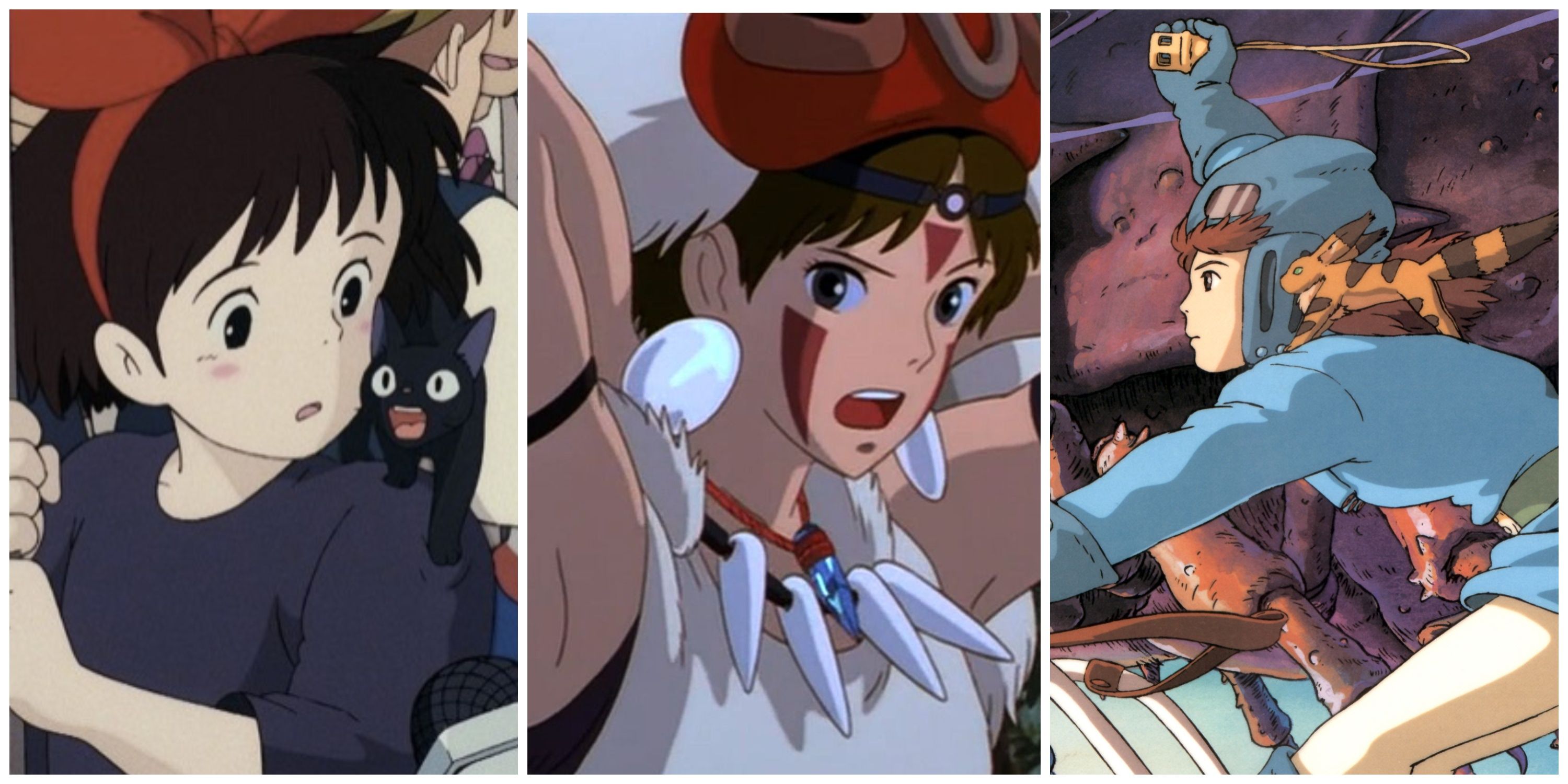 Split image, Kiki and Jiji from Kikis Delivery Service, San wearing a crystal dagger in Princess Mononoke, Nausicaa with the ohmu in Nausicaa of the Valley of the Wind