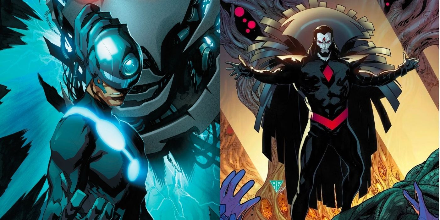 A split image of The Maker powering up and of Mister Sinister reveling in his creations in Marvel Comics