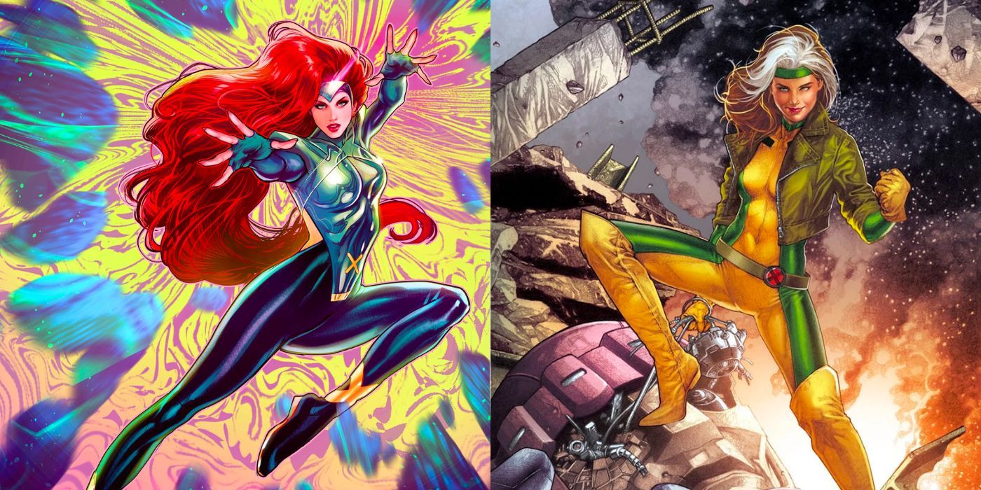 A split image of Jean Grey using her powers and of Rogue standing victorious over a defeated Sentinel in Marvel Comics