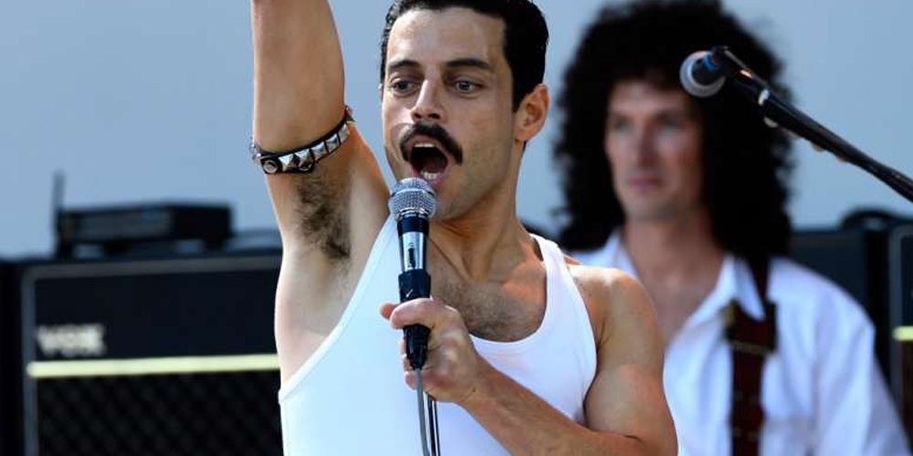 Freddie Mercury sings at Live Aid in Bohemian Rhapsody