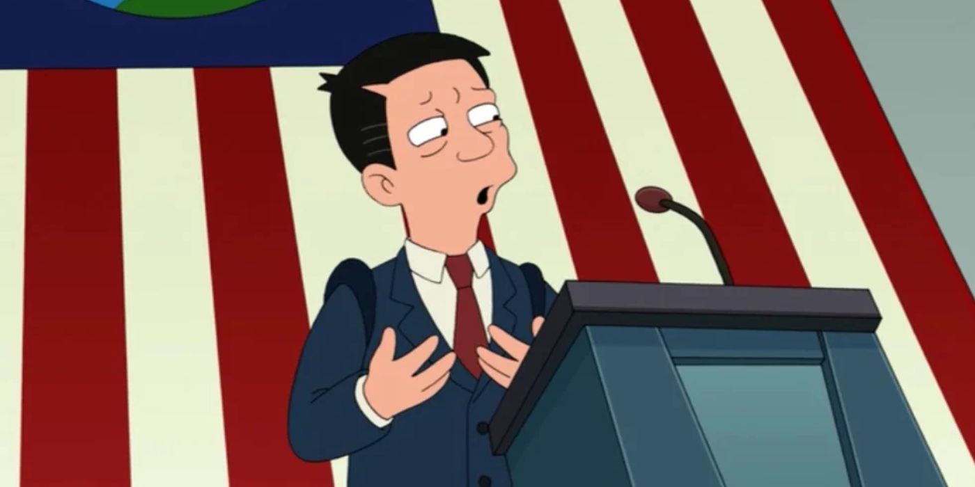 O senador de Futurama, Chris Z. Travers, está em um pódio em frente a uma bandeira da Terra