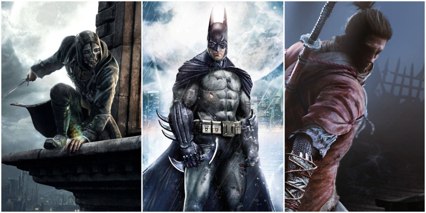 A split image showing Corvo Attano in Dishonored, Batman in Batman: Arkham Asylum, and Sekiro: Shadows Die Twice