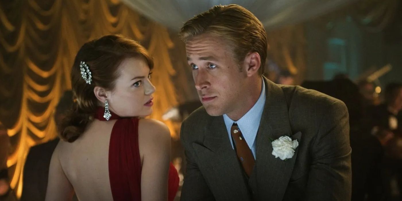 Emma Stone and Ryan Gosling dressed up in Gangster Squad.