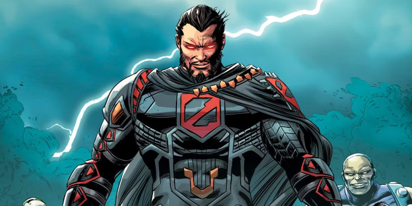 Superman villain General Zod looking imposing with a lightning background.
