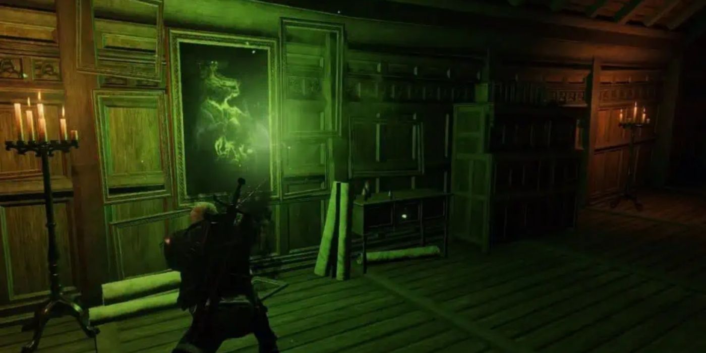 Geralt fighting the wraith from the painting in The Witcher 3.