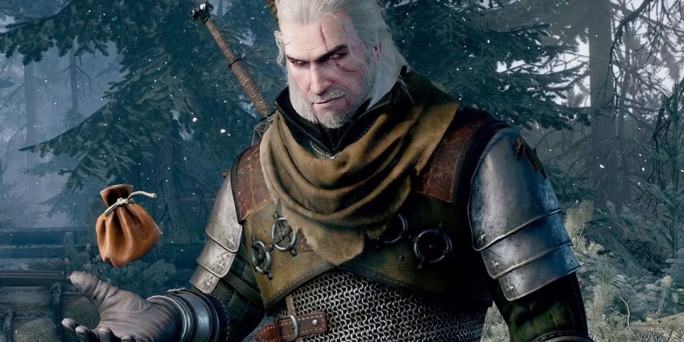 Geralt tossing a coin purse in the air in The Witcher 3 promo art.