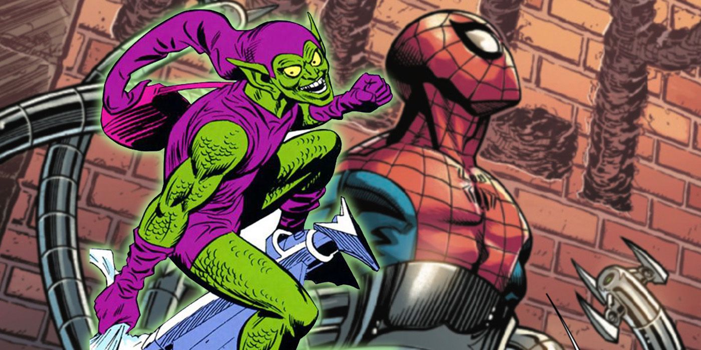 classic comic Green Goblin with Spider-Man in Doc Ock arms