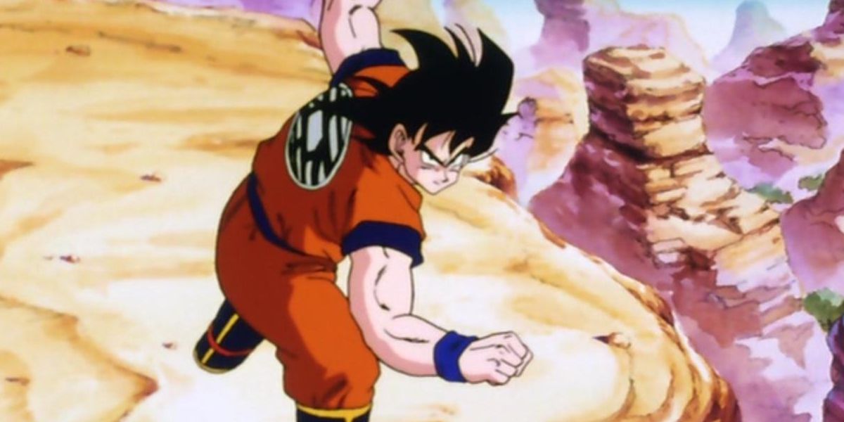 Goku in his fighting stance as he prepares to fight Vegeta in Dragon Ball Z