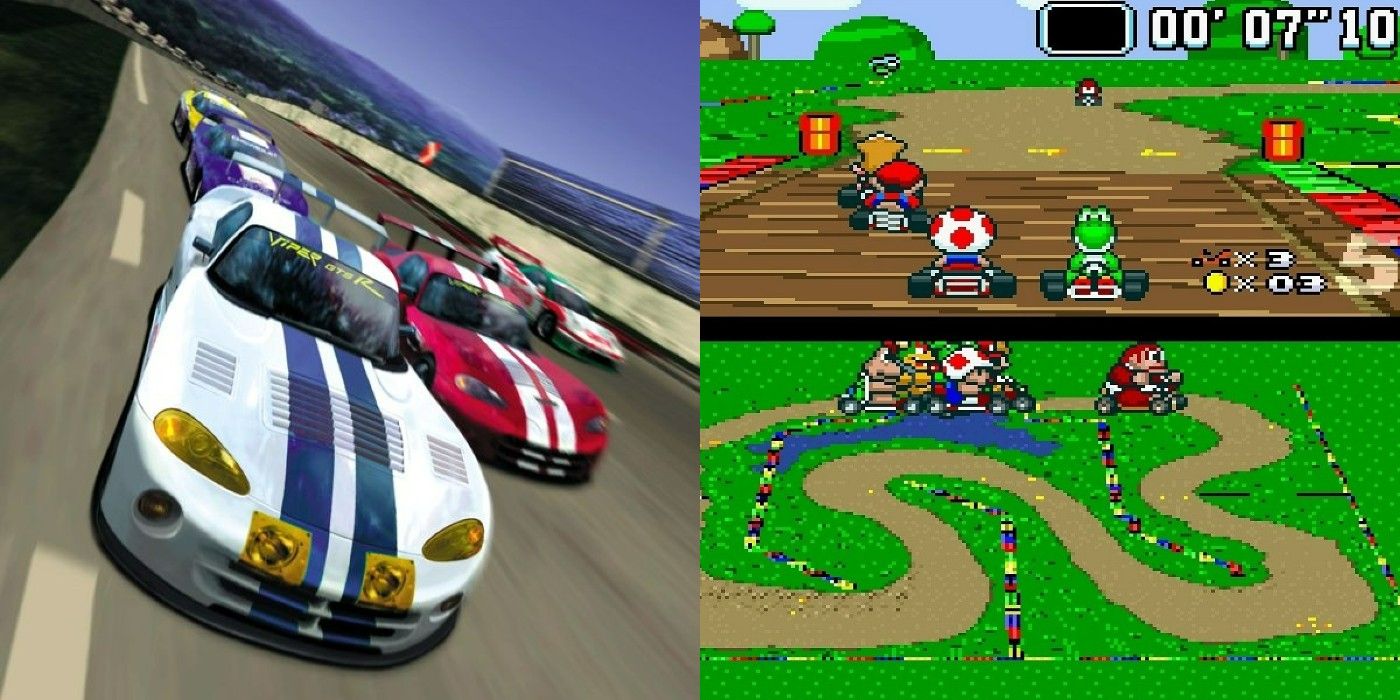 A split image of gameplay from Gran Turismo 2 and Super Mario Kart 1992