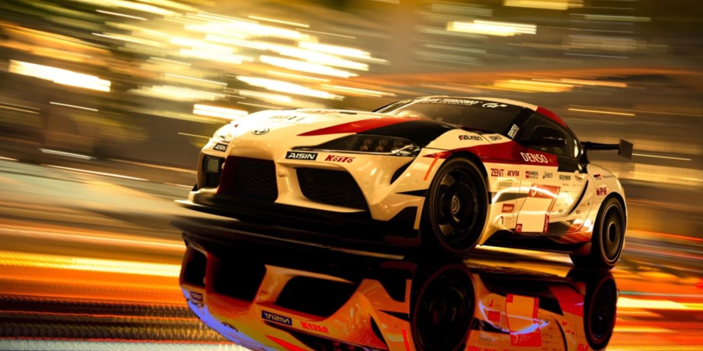 Racing car with flashing lights in the background, ahead of the Gran Turismo movie