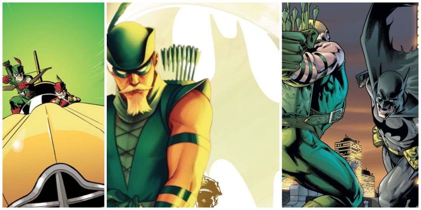 Split image of Green Arrow and Speedy in Arrowcar, Green Arrow in front of Batsignal, Green Arrow vs. Batman