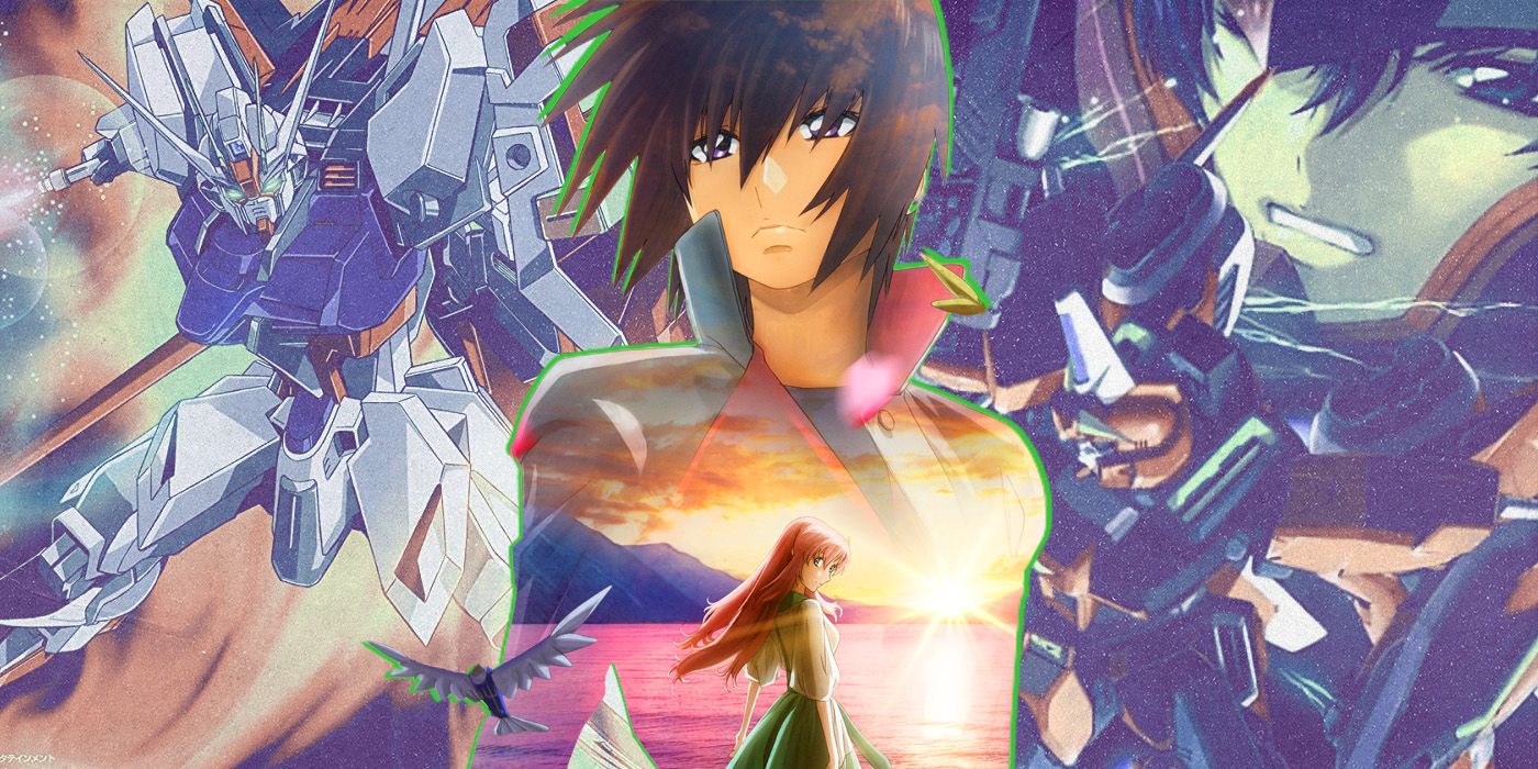 A collage with Kira and other main characters from the Gundam Seed and Freedom anime