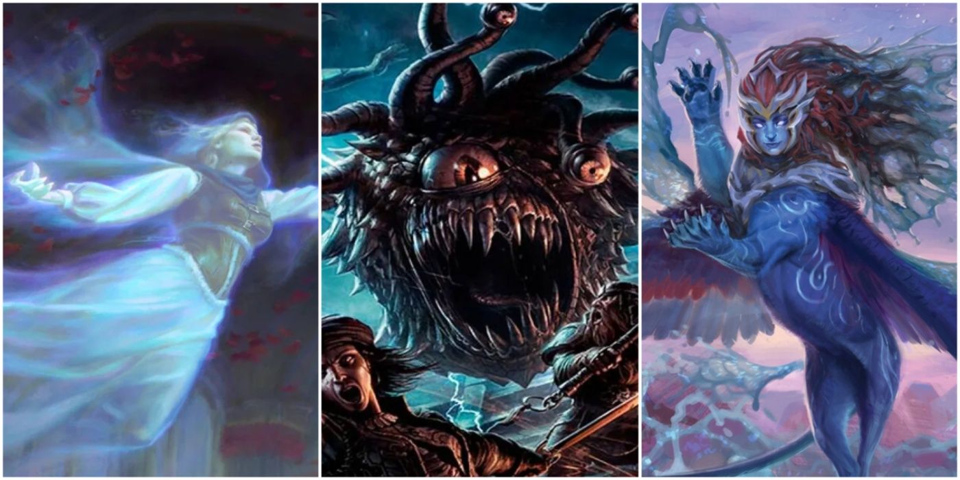 A split image showing a ghost, beholder, and sphinx monsters in DnD 5e