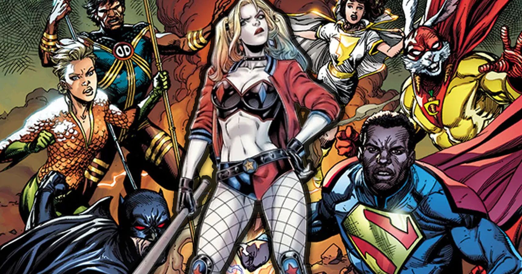 Harley Quinn against a backdrop of the Justice Incarnate Roster