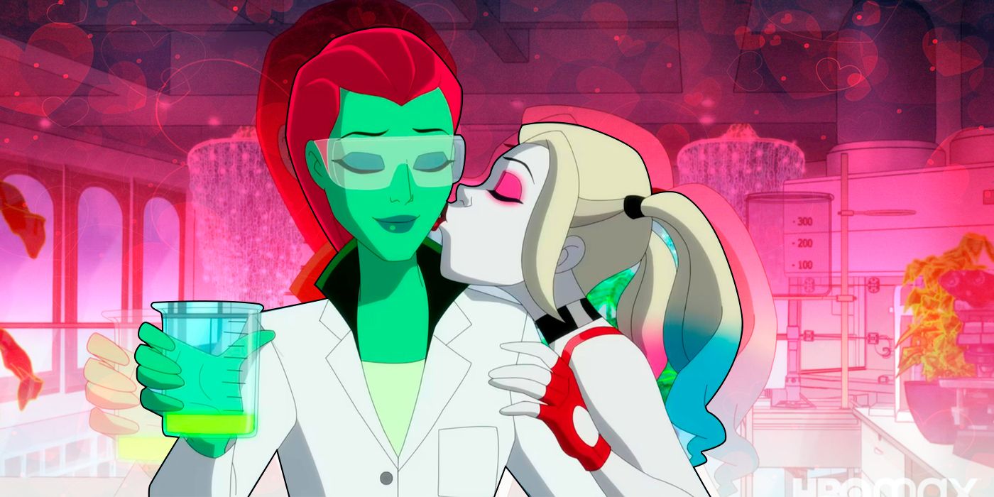 Harley Quinn about to kiss Poison Ivy in the DC Comics Harley Quinn animated series